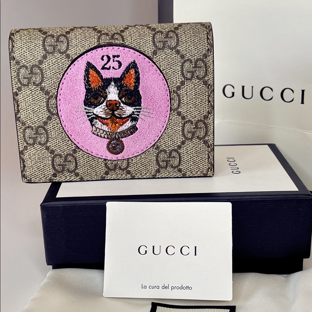 GUCCI GG Supreme Monogram Puppy Dog Pet Bosco Patch Card Case Flap Zipper Wallet